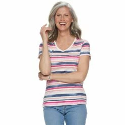 Women's Croft & Barrow® Essential V-Neck Tee -Hot Sale Adult Shop 3482291 Blue Pink Stripe