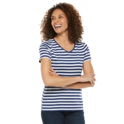 Women's Croft & Barrow® Essential V-Neck Tee -Hot Sale Adult Shop 3482291 Navy Stripe