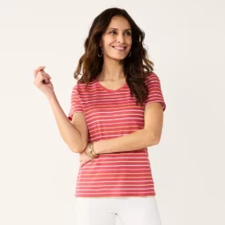 Women's Croft & Barrow® Essential V-Neck Tee -Hot Sale Adult Shop 3482291 Pink Thin Stripe