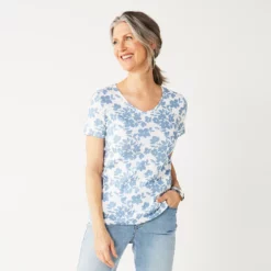 Women's Croft & Barrow® Essential V-Neck Tee -Hot Sale Adult Shop 3482291 White Blue Floral