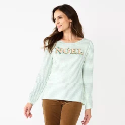 Women's Croft & Barrow® Holiday Long Sleeve Graphic Tee -Hot Sale Adult Shop 3913731 Green Stripe Noel