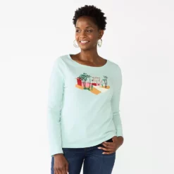 Women's Croft & Barrow® Holiday Long Sleeve Graphic Tee -Hot Sale Adult Shop 3913731 Mint Palm Warm Wishes