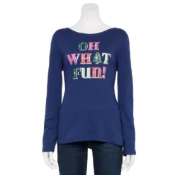 Women's Croft & Barrow® Holiday Long Sleeve Graphic Tee -Hot Sale Adult Shop 3913731 Navy Oh What Fun