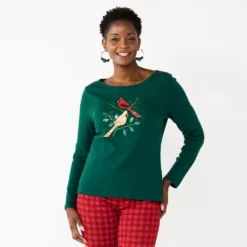 Women's Croft & Barrow® Holiday Long Sleeve Graphic Tee -Hot Sale Adult Shop 3913731 Olive Cardinal