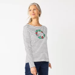 Women's Croft & Barrow® Holiday Long Sleeve Graphic Tee -Hot Sale Adult Shop 3913731 White Stripe Wreath