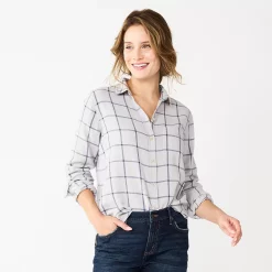 Women's Sonoma Goods For Life® Essential Everyday Button-Down Shirt 28 Women's Sonoma Goods For Life® Essential Everyday Button-Down Shirt -Hot Sale Adult Shop 4991213 Gray Blue Plaid