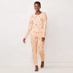 Women's LC Lauren Conrad Cozy Long Sleeve Pajama Top & Pajama Pants Set -Hot Sale Adult Shop 5034248 Champagne Bottle Pink