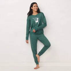 Women's LC Lauren Conrad Cozy Long Sleeve Pajama Top & Pajama Pants Set -Hot Sale Adult Shop 5034248 Green Deer