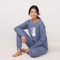 Petite LC Lauren Conrad Cozy Long Sleeve Pajama Top & Banded Bottom Pajama Pants Set -Hot Sale Adult Shop 5034450 ALT3