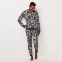 Petite LC Lauren Conrad Cozy Long Sleeve Pajama Top & Banded Bottom Pajama Pants Set -Hot Sale Adult Shop 5034450 Charcoal Holly