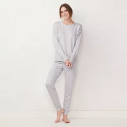 Petite LC Lauren Conrad Cozy Long Sleeve Pajama Top & Banded Bottom Pajama Pants Set -Hot Sale Adult Shop 5034450 Heather Gray
