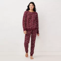 Petite LC Lauren Conrad Cozy Long Sleeve Pajama Top & Banded Bottom Pajama Pants Set -Hot Sale Adult Shop 5034450 Red Stockings
