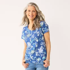Petite Croft & Barrow® Essential V-Neck Tee -Hot Sale Adult Shop 5211690 Blue Folk Floral