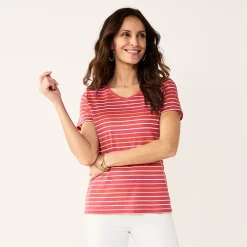Petite Croft & Barrow® Essential V-Neck Tee -Hot Sale Adult Shop 5211690 Pink Thin Stripe