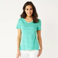 Petite Croft & Barrow® Essential V-Neck Tee -Hot Sale Adult Shop 5211690 Tonal Teal Stripe