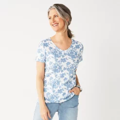 Petite Croft & Barrow® Essential V-Neck Tee -Hot Sale Adult Shop 5211690 White Blue Floral