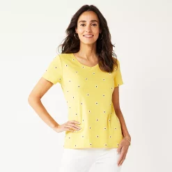 Petite Croft & Barrow® Essential V-Neck Tee -Hot Sale Adult Shop 5211690 Yellow Daisy Dot