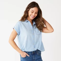 Petite Sonoma Goods For Life® Short Sleeve Button Down Shirt -Hot Sale Adult Shop 5243772 Light Wash Chambray