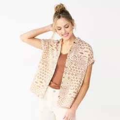 Women's Sonoma Goods For Life® Button-Front Shirt -Hot Sale Adult Shop 5254682 Beige Brown Geo