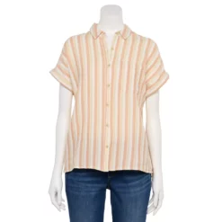 Women's Sonoma Goods For Life® Button-Front Shirt -Hot Sale Adult Shop 5254682 Cream Neutral Stripe