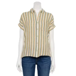 Women's Sonoma Goods For Life® Button-Front Shirt -Hot Sale Adult Shop 5254682 Cream Olive Stripe