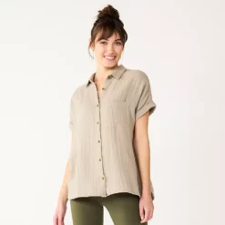 Women's Sonoma Goods For Life® Button-Front Shirt -Hot Sale Adult Shop 5254682 Gray Brown