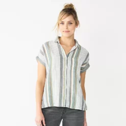 Women's Sonoma Goods For Life® Button-Front Shirt -Hot Sale Adult Shop 5254682 Gray Green Stripe