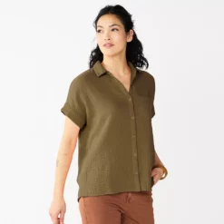 Women's Sonoma Goods For Life® Button-Front Shirt -Hot Sale Adult Shop 5254682 Olive