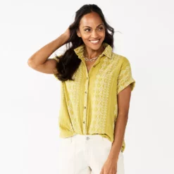 Women's Sonoma Goods For Life® Button-Front Shirt -Hot Sale Adult Shop 5254682 Olive Geo Stripe