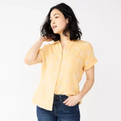 Women's Sonoma Goods For Life® Button-Front Shirt -Hot Sale Adult Shop 5254682 Yellow Daisy