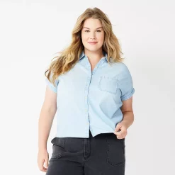Plus Size Sonoma Goods For Life® Short Sleeve Button Down Top -Hot Sale Adult Shop 5258112 Light Wash Chambray