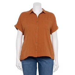 Plus Size Sonoma Goods For Life® Short Sleeve Button Down Top -Hot Sale Adult Shop 5258112 Rust