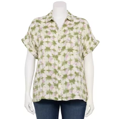 Plus Size Sonoma Goods For Life® Short Sleeve Button Down Top -Hot Sale Adult Shop 5258112 Sage Triangle Dye