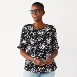 Women's Croft & Barrow® Print Ruffle Sleeve Tee -Hot Sale Adult Shop 5287731 Black Exploded Floral