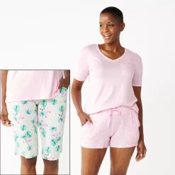 Women's Croft & Barrow® 3-Piece Pajama Top, Pajama Shorts & Pajama Skimmers Sleep Set -Hot Sale Adult Shop 5317543 Gray Flamingo