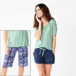 Women's Croft & Barrow® 3-Piece Pajama Top, Pajama Shorts & Pajama Skimmers Sleep Set -Hot Sale Adult Shop 5317543 Navy Green Floral