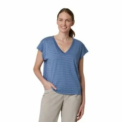 Women's Eddie Bauer Sunwashed Striped V-Neck Top -Hot Sale Adult Shop 5498797 Antique Blue W Ivory