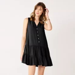 Women's Nine West Button-Front Tiered Drop-Waist Dress -Hot Sale Adult Shop 5531674 Mineral Black