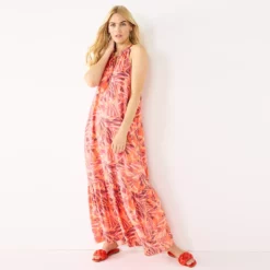 Women's Nine West Tiered Peasant Maxi Dress -Hot Sale Adult Shop 5531866 Coral Abstract Fronds