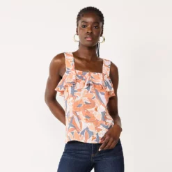 Women's Nine West Squareneck Ruffle Tank -Hot Sale Adult Shop 5532424 Brown Palms