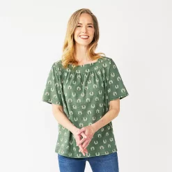 Women's Croft & Barrow® Squareneck Puff-Sleeve Top -Hot Sale Adult Shop 5533229 Green Boho Geo