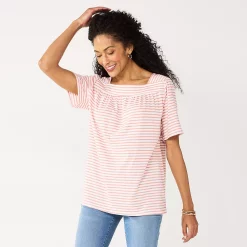 Women's Croft & Barrow® Squareneck Puff-Sleeve Top -Hot Sale Adult Shop 5533229 Mauve Thin Stripe