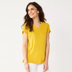 Women's Croft & Barrow Lace Trim Linen-Blend Tee -Hot Sale Adult Shop 5538148 Yellow Gold