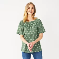 Petite Croft & Barrow® Squareneck Puff-Sleeve Top -Hot Sale Adult Shop 5554427 Green Boho Geo