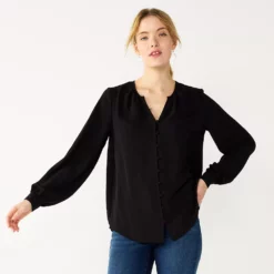 Women's Nine West Button Front Balloon Sleeve Tunic -Hot Sale Adult Shop 5581079 Black