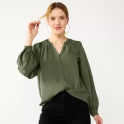 Women's Nine West Button Front Balloon Sleeve Tunic -Hot Sale Adult Shop 5581079 Infantry Olive