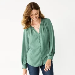 Women's Nine West Button Front Balloon Sleeve Tunic -Hot Sale Adult Shop 5581079 Signature Green