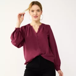 Women's Nine West Button Front Balloon Sleeve Tunic -Hot Sale Adult Shop 5581079 Vintage Red