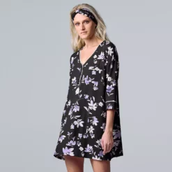 Women's Simply Vera Vera Wang 3/4 Sleeve Cozy Henley Sleepshirt with Matching Headband -Hot Sale Adult Shop 5582805 Black Floral