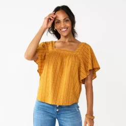 Women's Sonoma Goods For Life® Flutter Shoulder Top -Hot Sale Adult Shop 5583549 Gold Coral Stripe
